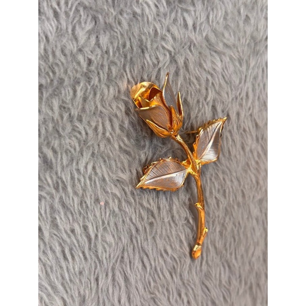 Vintage Two Tone Gold Silver Rose Brooch Textured Floral Long Stem Lapel Pin